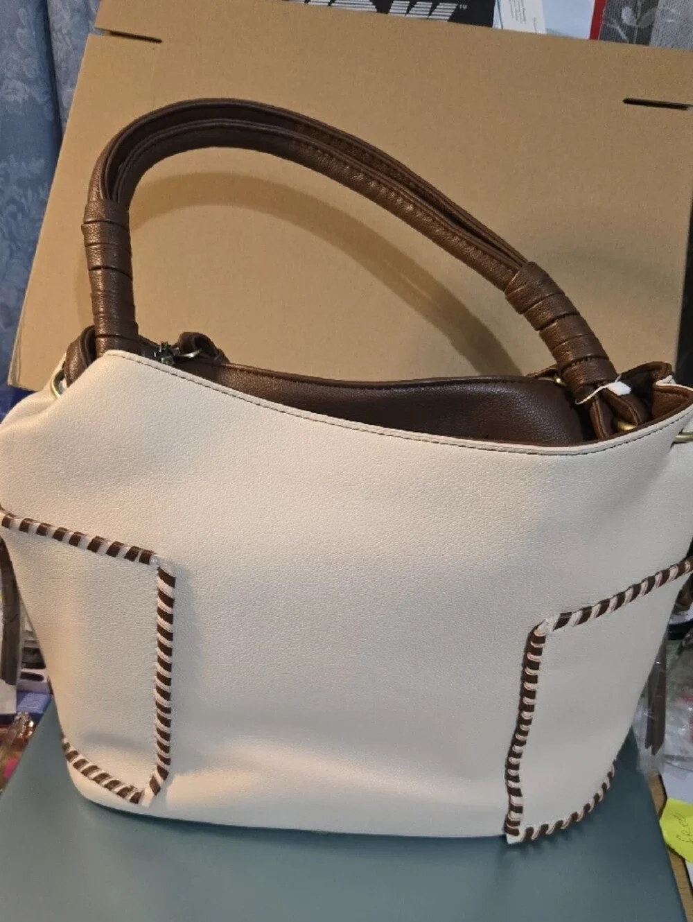 Malibu Skye Cream Hobo Bag with Green Leaf Charm and Cosmetic Pouch